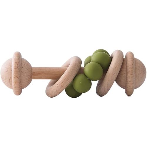 Wooden Baby Rattle Shake Toy for Babies Ring Grasping Toys for Toddlers Beech Wood Baby Rattle, Matcha Green