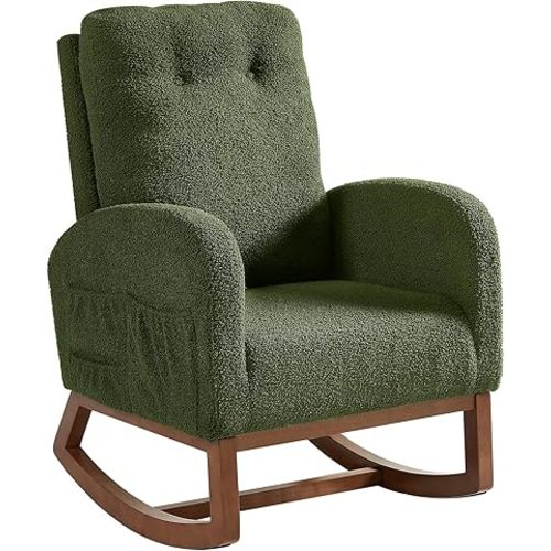 Rocking Chair Nursery, Rocking Chairs with Solid Wood Legs, Teddy Fabric, Glider Chair with Upholstered High Backrest, Nursery Chair for Living Room, Baby Room, Bedroom (Green)
