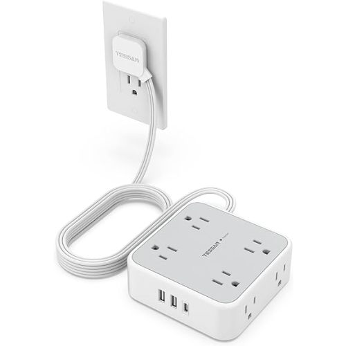 Power Strip Surge Protector 10 Ft Cord, 8 AC Outlets, 3 USB Charger(1 USB C Port), TESSAN Ultra Thin Extension Cord, Flat Plug, 900 Joules Protection, Desk Charging Station for Home, Office