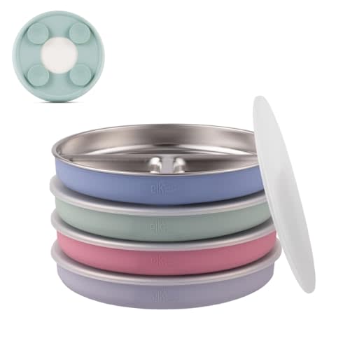 Elk and Friends Stainless Steel Divided Plates with Silicone Sleeve for Babies & Toddlers | Lids Included | Stay Put Suction | Dinner & Snack Plates | 4 Pack