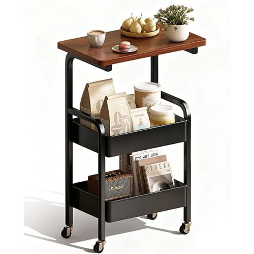 3 Tier Metal Rolling Utility Cart Organizer with Walnut Table Top, Stable and Sturdy Rolling Storage Carts with 2 Lockable Wheels for Kitchen，Bathroom，Snacks，Coffee，Craft，Makeup，Baby Essentials