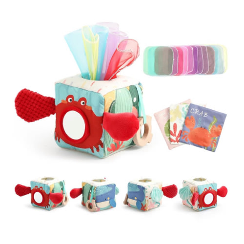 Baby Tissue Box Toy, Montessori Sensory Toys for 6-12 Months, 6 Month Old Baby Must Haves, with Crinkle Paper, Silk Scarves, Safety Mirror, Perfect Early Learning Gift