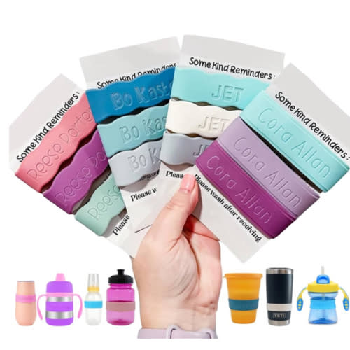 3 Piece Personalized Baby Bottle Labels for Daycare School Summer Camp Customized Children's Water Bottle Name Bands Custom Engraved Reusable Silicone Cup Bands Labels