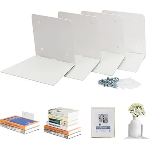 STORAGE MANIAC Floating Book Shelves for Wall Mounted Invisible Floating Bookshelves Heavy-Duty Steel Hidden Bookshelf Hanging Bookshelves for Bedroom Living Room Office, White 4-Pack Large