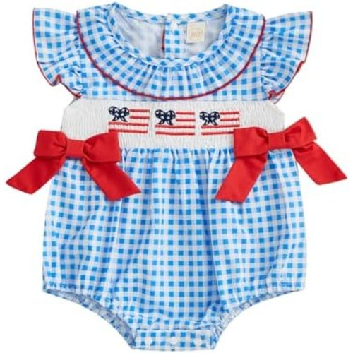 Newborn Baby Girl 4th of July Outfit Smocked Clothes 1st Fourth of July Bubble Romper Independence Day Bodysuits