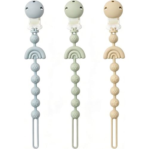Baby Pacifier Clips One Piece Binky Clip Holder Silicone Teether Clip Pacifier Straps with Clip Baby Teether Toys for Boys and Girls Set of 3 Andy Bear-Ivory+Sage+Baby Blue