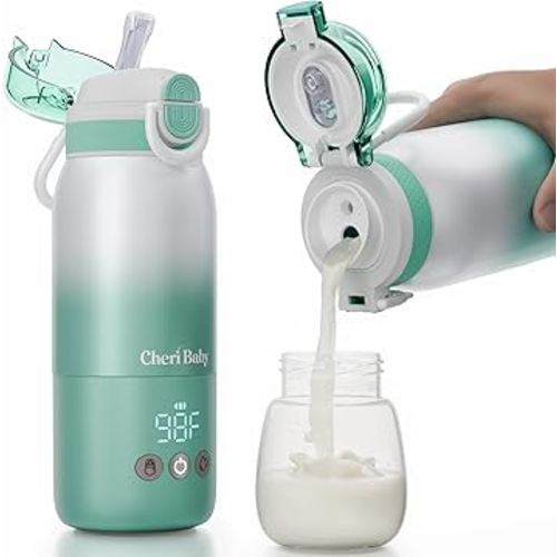 Portable Bottle Warmer for Travel – Fast Heating, Dual Heating Modes for Breasmilk & Formula, 45W Super Fast Charging, Travel Bottle Warmer On-The-Go, 5-Temp Control, Extra Straw Lid, 12 Ounces