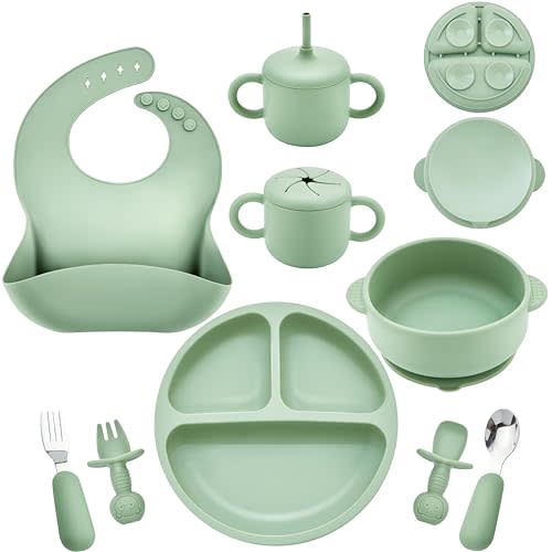 Bufims Silicone Baby Feeding Set, Baby Led Weaning Supplies, Eating Essentials Utensils with Suction Plate and Bowl, Pocket Bib, Sippy Cup with Lid, Forks Spoons Snack Container, for 6+ Months, Green