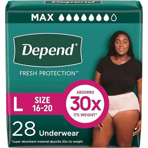 Depend Fresh Protection Adult Diapers, Incontinence & Postpartum Bladder Leak Underwear for Women, Disposable, Maximum, Large, Blush, 28 Count, Packaging May Vary