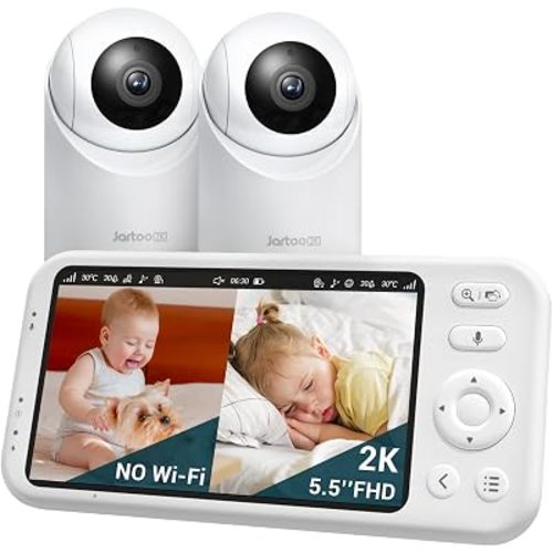 Jartoo 2K 5.5" Video Baby Monitor with 2 Cameras and Audio,AI Cry Detect 1860ft Long Range Baby Monitor No WiFi Baby Camera Wireless,Clear Night Vision,ANC, 2-Way Talk,White Noise,6000mAh [2025 New]