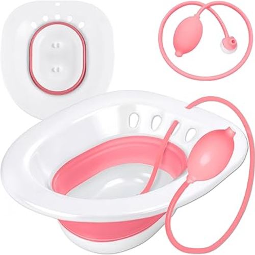 Pochik Sitz Bath for Toilet Seat Hemorrhoids and Postpartum Care, Yoni Steam Seat, Perineal Soaking, Collapsible, Flusher Hose, Drain Holes, Wider Seating Area - Magenta