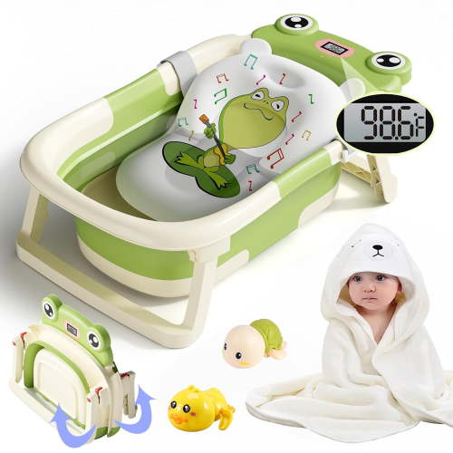 Morfone Collapsible Baby Bathtub with Thermometer, Hooded Towel, Soft Cushion and Bath Toys, Portable Travel Baby Tub for Newborn to Toddler 0-36 Months, Green