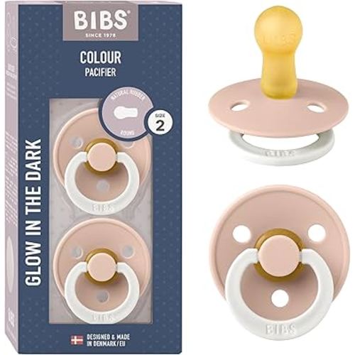 BIBS Pacifiers | Natural Rubber Baby Pacifier | Set of 2 BPA-Free Soothers | Made in Denmark | Blush Night | Size 6-18 Months