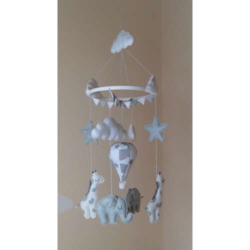 Giraffe, elephant, stars, clouds, hot air balloon baby mobile Monochrome