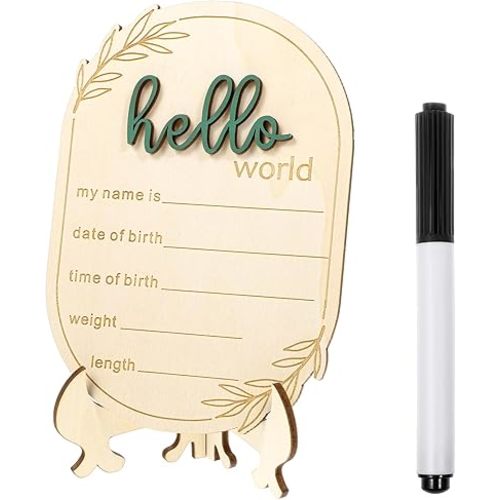 Baby Name Announcement Sign, Wooden Announcement Sign for New Baby, Hello World Birth Announcement Signs with Pen & Pen & Stand for Home, Hospital, Nursery, Baby's Arrival Gifts(6 x 4 x 0.1 inch)