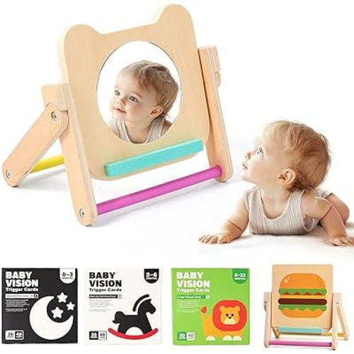 IEATFO Rotating Baby Safe Mirror with 120 Pages Visual Stimulation Cards - Wooden Tummy Time Mirror Toys - Black White Red and Color High Contrast Baby Flashcards for Brain and Cognitive Development