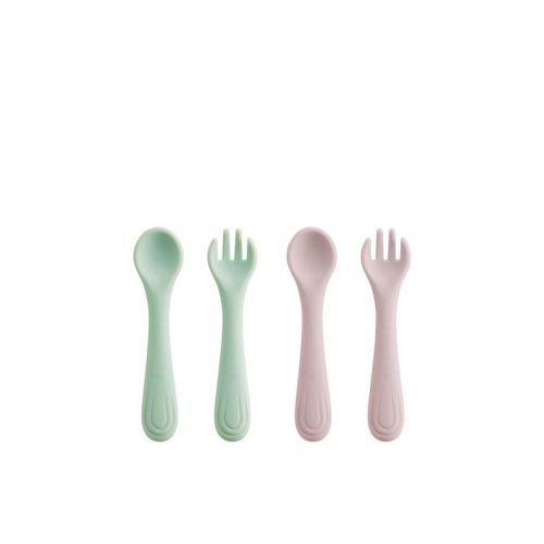 Bc Babycare Tiny Grip Silicone Fork and Spoon 4pcs Toddler Utensils Silicone Flatware Sets | Green and Pink