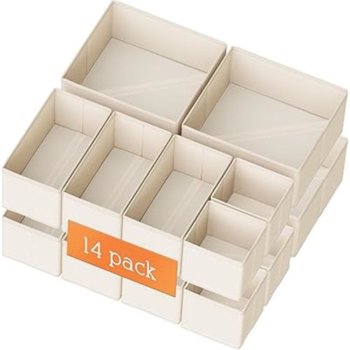 Criusia Drawer Organizer Clothes, 14 Pack Dresser Organizer for Baby Clothes, Underwear, Sock- Foldable Closet Organization and Storage Dividers Bins for Nursery, Bedroom and Dorm (Beige)