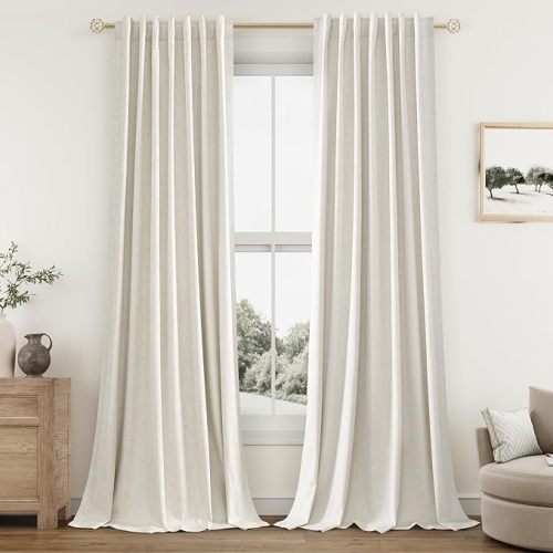 Cream Linen Blackout Curtains 86 Inch Length 2 Panels Set for Living Room Bedroom Back Tab Thermal Insulated 100% Black Out Linen Drapes Room Darkening Window Curtains 86 Inches Long Ivory Natural
