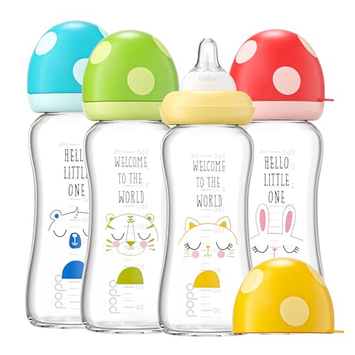 YOHKOH Natural Glass Baby Bottle with Level 2 Medium Flow Nipple, Newborn Anti-Colic Baby Bottles, Wide Neck Mushroom Baby Glass Bottle (8.8ounce (Pack of 4), Multicolour1)