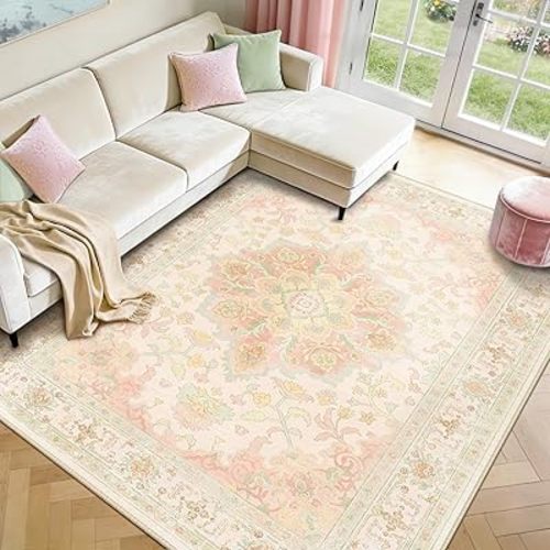 Machine Washable Rugs Nursery Rug 8x10 Cute Girl Non Slip Low Pile Water Repellent Soft Print Pattern for Bedroom Indoor Decor Kids Playroom Pinkgreen