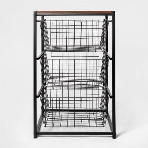 3 Drawer Organizer Black Metal With Natural Wood - Brightroom™: Decorative Storage Drawers, Bedroom Dresser, Anti-tip