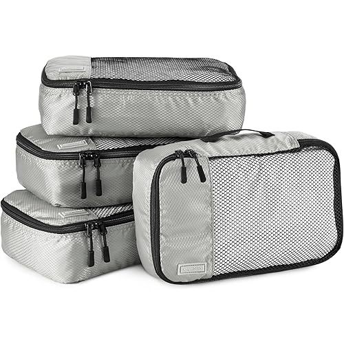 Amazon Basics Small Packing Cubes for Travel, Packing Organizers, 4-Piece-Set With Double Zipper Pulls and Mesh Top Panel, 100% Durable Polyester, Gray, 11"L x 6.8"W x 3"H