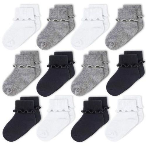 Cozyway Baby Girls Socks, Ruffle Ripple Edge Turn Cuff Ankle Socks Infants 0-9 Months - 12 Pack, Black, White And Gray