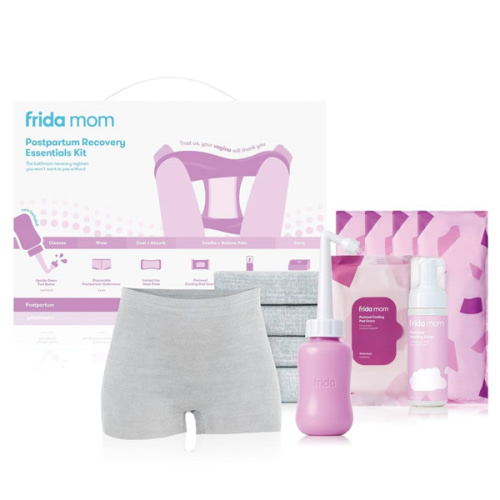 Frida Mom 11pc Postpartum Essentials Kit Gift Set, Hospital Bag Must Haves for New Mom, Includes 4 Disposable Postpartum Underwear, 4 Ice Maxi Pads, Perineal Healing Foam & 24 Pad Liners & Peri Bottle