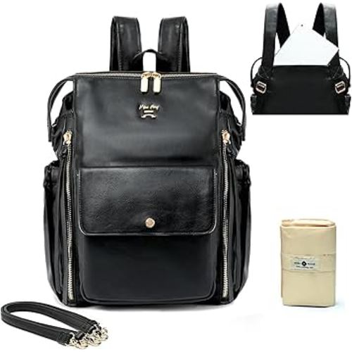 Miss Fong Leather Diaper Backpack - Baby Diaper Bag with 13 Pockets, Changing Pad, Stroller Straps, 4 Insulated Pockets (Black)