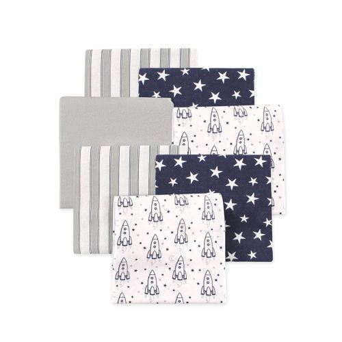 Little Treasure Hudson Baby Cotton Poly Flannel Receiving Blankets Multipack, Blue Rocket Ship, 30x30 inches