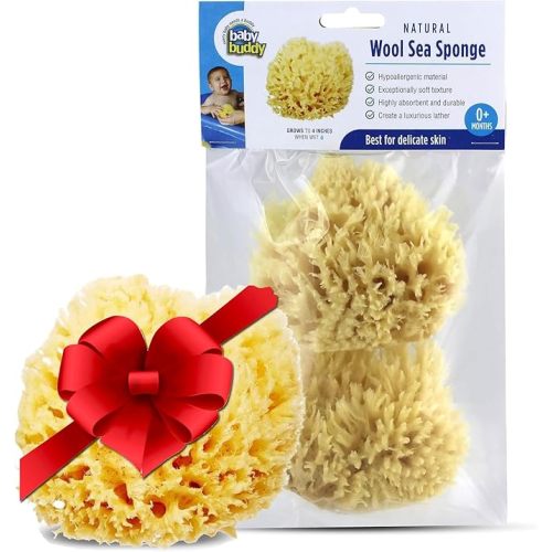 Baby Buddy Absorbent Natural Bath Sponge, Ultra Soft Premium Sea Wool Sponge, Soft on Baby's Tender Skin, Bath Accessories Baby and Kids, Infant Bath, Biodegradable, Hypoallergenic, 2pk, 4in