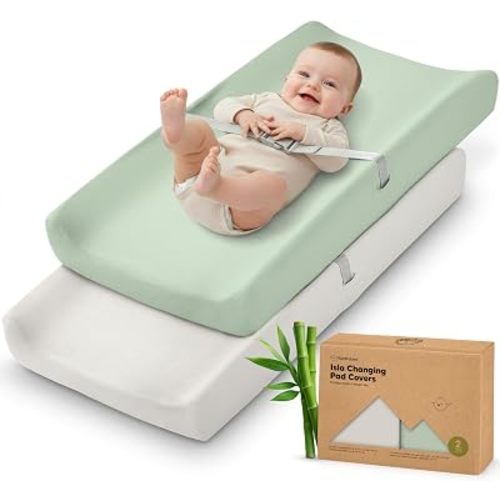 2-Pack Baby Changing Pad Cover for Girl, Boy - 34x18 Soft Viscose Derived from Bamboo Baby Diaper Changing Table Pad Cover Sheets, Neutral, Snug Fit Nursery Diaper Change Sheets (Sage)