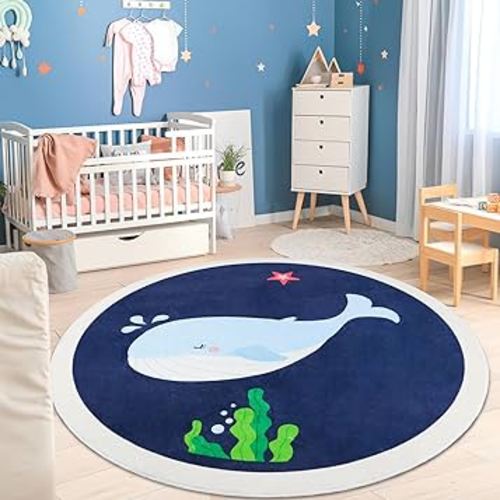 Round Kids Rugs for Playroom,4ft Cute Whale Playroom Rug,Non-Slip Ultra Soft Nursery Rug Kids Carpet,Washable Colorful Classroom Rug Kids Area Carpet for Classroom Bedroom Kids Room Decor