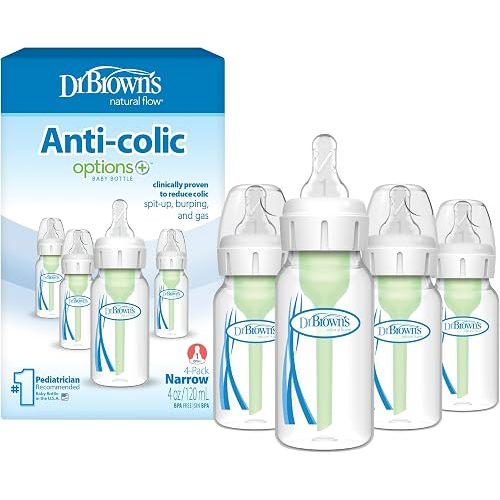 Dr. Brown's Anti-Colic Options+ Narrow Baby Bottle, Clear, 4 oz, 4-Pack
