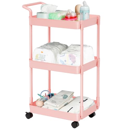 Volnamal Baby Diaper Caddy – Plastic Diaper Organizer for Nursery Essentials, Movable Cart for Changing Table & Crib, Easy to Assemble, Pink