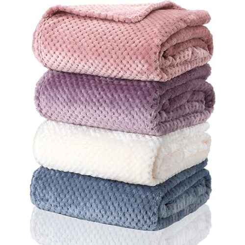 Newwiee 4 Pcs Flanne Fleece Throw Blanket for Bed Couch Large 3D Waffle Textured Soft Blanket Winter Warm Lightweight No Shedding No Pilling Decorative Throw, 50x60 Inch(Fresh Colors)