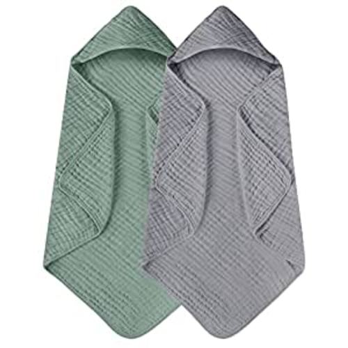 Yoofoss Hooded Baby Towels for Newborn 2 Pack 100% Muslin Cotton Baby Bath Towel with Hood for Babies, Infant, Toddler and Kids, Large 32x32Inch, Soft and Absorbent Newborn Essential - Grey and Dark Green