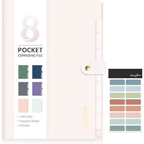 Sooez Elegant Accordion File Organizer with Labels, 8 Pocket Expanding File Folder, Portable Folders for Documents, Cute Paper Organizer for School Office Supplies, Letter Size, Off White