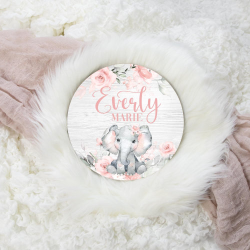 Girl Elephant Wood Name Sign, Pink Roses Elephant Baby Sign, Round Wood Baby Name Sign, Baby Announcement Sign, Safari Nursery Decor S52