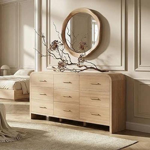 Curved 9-Drawer Dresser for Bedroom, 63" Wide Modern Chest of Drawers, Vanity Desk TV Stand for Living Room, Closet Storage Drawers Organizer Furniture, Nursery, Hallway, Oak
