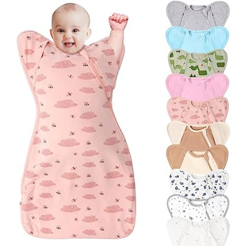 3-Way Wearable Swaddle Blankets Sleep Sacks with Arms Up, Hands Up Sleeping Sack Easy Diaper Changing Sleeping Bag for Baby Boy Girl Newborns Transitions to Arms-Free Calms Startle Reflex
