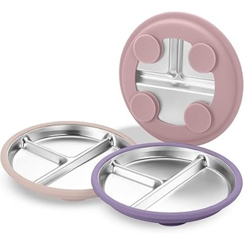 3Pack Stainless Steel Kids Plates, 8.1" Divided Kids Plate with Removable Silicone Suction Sleeves for Baby Highchairs, Non Toxic BPA Free Non-Slip Unbreakable Snack Lunch Plates