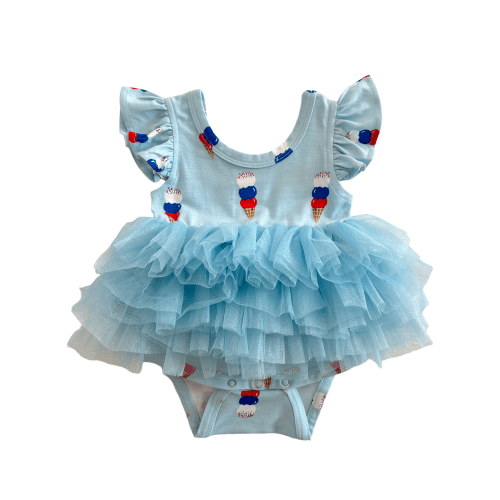 Ruffle Sleeve Tutu Bodysuit, Blue Ice Cream