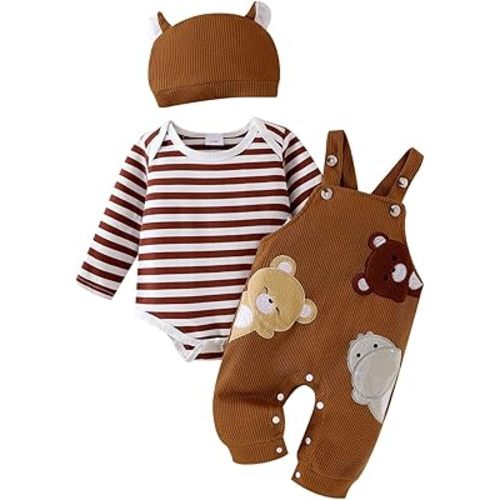 FOCICI Baby Boy Clothes Newborn Striped Romper Fall Outfits + Infant Cartoon Suspender Overall + Cute Hat 3 Pcs 0-18 Months