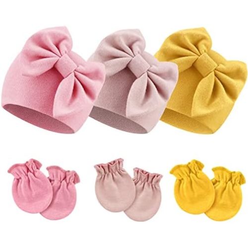 3 Pcs Newborn Baby Hats and Mittens Set Toddler Bow Beanie Cap Newborn Hats for Baby Boys Girls Essentials 0-6 Months