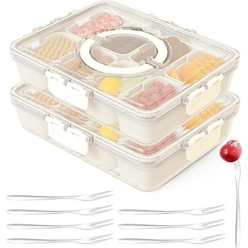 Snackle Box Container,Portable Snack Box 8 Compartment Divided Serving Tray with Lid,Clear Storage Organizer for Fruit Candy Nuts Veggie-Perfect for Road Travel Party (2 Pack-Dishwasher Safe)