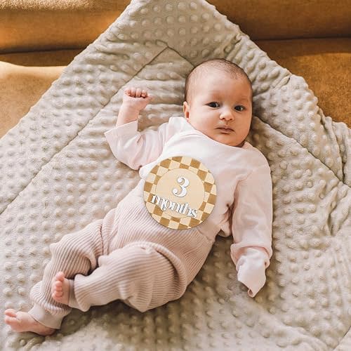 Wooden Baby Monthly Milestone Sign, 1–12 Month Round Photo Prop Set, Checker Pattern Neutral Nursery Decor, Newborn Growth Tracker Keepsake Gift