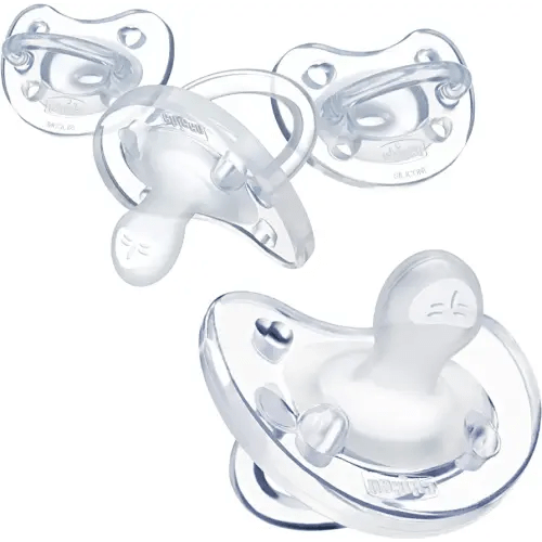 Chicco PhysioForma 100% Soft Silicone One Piece Pacifier for Babies Aged 0-6 Months | Orthodontic Nipple Supports Breathing | BPA & Latex Free | Reusable Sterilizing Case | Clear, 4pk