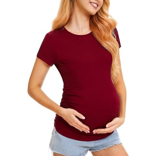 Maternity Shirts for Women – Crew Neck Maternity Top Short Sleeve